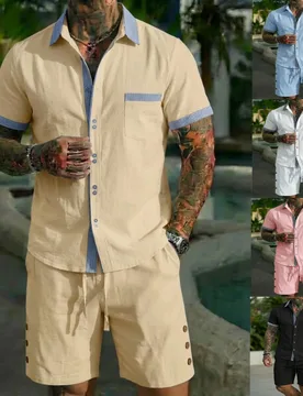 Summer men's new striped patchwork set, simple and casual, loose and lightweight, breathable, a two-piece set for vacation - Aliexpress - FashionsVida