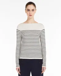 Maglia Weekend in seta e lana bianca a righe blu con scollo a barchetta