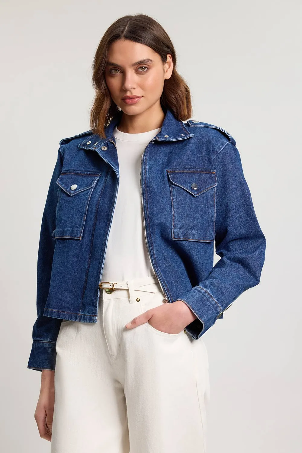 Denim Cropped Side Panel Jacket - Indigo - Size: 16 - Karen millen - FashionsVida