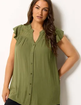 Ruffle Crochet Blouse - Olive - Size: 26-28 - Yours - FashionsVida