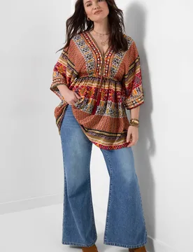 Women's Boho Tunic Dress with Aztec Print & Embellished Detail in Orange Size: 18 - Orange - Size: 18 - Joe browns - FashionsVida