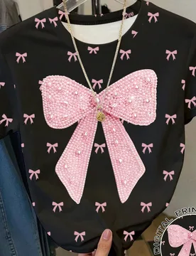 Pieza Camiseta de manga corta casual rosa con estampado de lazo para niñas, adecuada para salidas diarias y juegos al aire libre en verano - Shein - FashionsVida