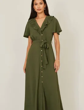 Women's Green Ruffle Collar Midi Shirt Dress Size: 12 - Green - Size: 12 - Yumi - FashionsVida