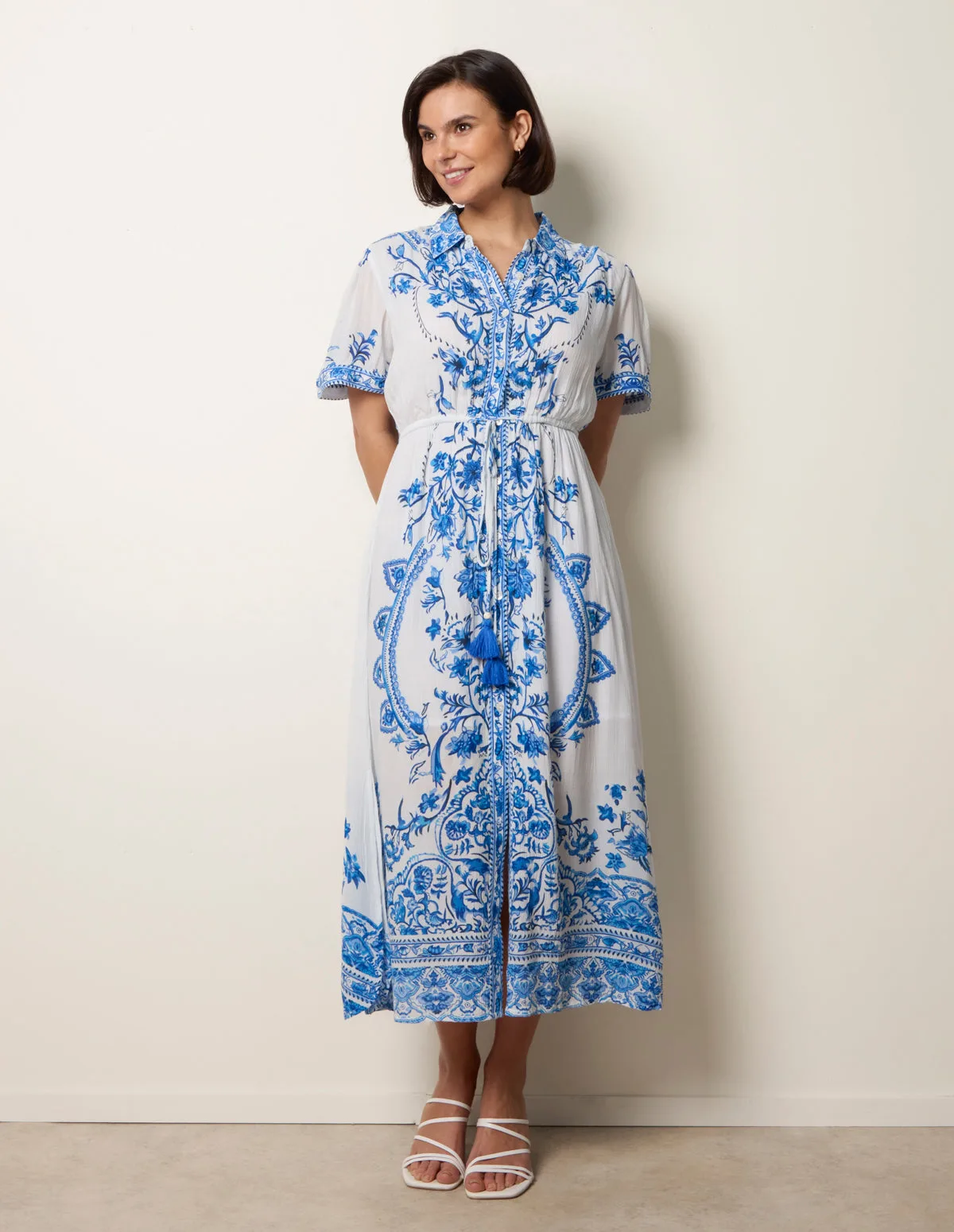 Floral Blue Print Drawstring Dress - L / BLUE - female - Blue Vanilla - FashionsVida