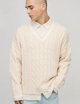 Mens Boxy V Neck Cable Distressed Hem Knitted Jumper - Ecru - Size Medium - boohooMAN - FashionsVida