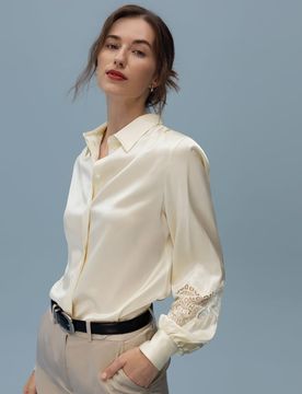 Chemise Soie Dématique Dentelle Sur Les Manches Gracieux Et Féminin Naturellement Antibactérien Chemises Blanc S