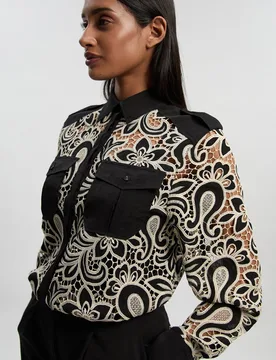 Womens Mono Cutwork Pocket Front Woven Shirt - Monochrome Multi Cotton - Size 8 Uk - Karen millen - FashionsVida
