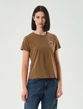 T-shirt cammello in puro cotone a maniche corte con logo in cristalli e perle ricamato sul lato petto - PINKO - FashionsVida