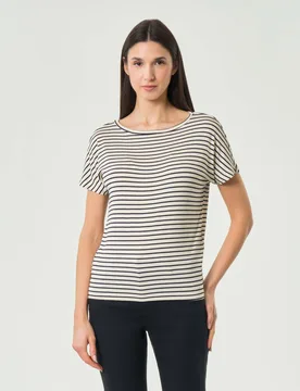 T-shirt bianca a maniche corte con righe blu in jersey stretch - Emme Marella - FashionsVida