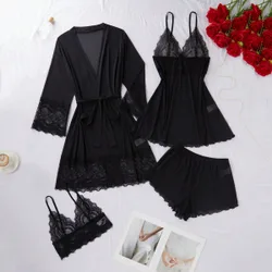 Conjunto de camisón corto y bata con encaje y malla
