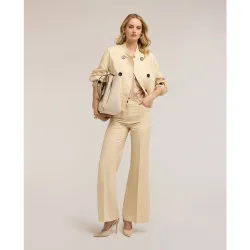 Pantalones de mujer flare de mezcla de lino cierre frontal con botón y cremallera