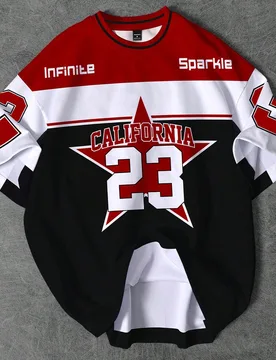Camiseta deportiva de cuello redondo con patrón de 23 estrellas de California, camiseta de cuello redondo casual deportiva de estilo retro y clásico - Shein - FashionsVida