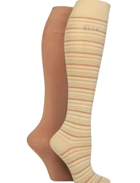 Women's 2 Pair Elle Bamboo Striped and Plain Knee High Socks Classic Beige 4-8 - Assorted - Size: Small - SockShop - FashionsVida