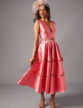 Women's Petite Plunge Neck Twill Midi Dress With Lace Trims in Pink Size: 14 - Pink - Size: 14 - Coast - FashionsVida