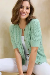 Short Sleeve Cable Cardigan Sweater - Mint - Size: 20