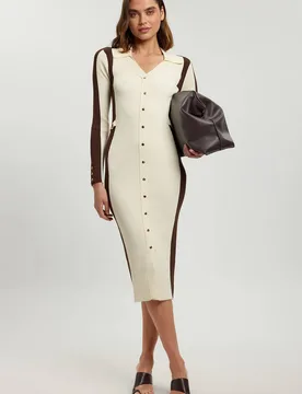 Women's Viscose Rib Contrast Colour Button Knit Midi Dress in Chocolate Size: Small - Chocolate - Size: S - Karen millen - FashionsVida