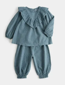 Pc Pure Cotton Gingham Frill Top & Trousers (0-5 Yrs) Grey Mix Female - M&S - FashionsVida