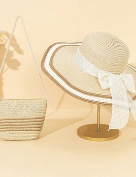 Pcs/1 pieza Sombrero de sol para mujer, sombrero de playa de verano de ala ancha de paja con lazo, bolso bandolera tejido, accesorios esenciales para