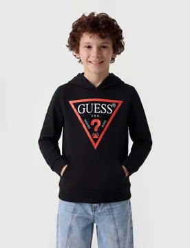 Felpa con cappuccio nera in cotone con stampa logo a triangolo - Guess - FashionsVida