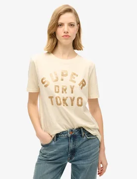 Superdry Damen Lässiges T-shirt mit Glitzerlogo Creme - Größe: 44 - 39.99 - FashionsVida