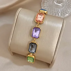 Freetry Luxury Colorful Square Zircon Link Stainless Steel Bangle for Women Shine Golden Waterproof Bracelet Party Jewelry Gift