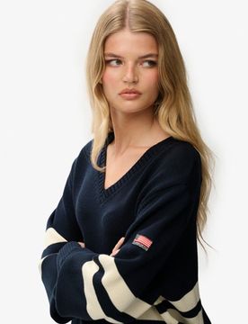 Superdry Damen OverGrößed Gestreifter V-ausschnitt Pullover Navy - Größe: 40