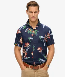Superdry Herren Marineblau, Grün und Braun Kurzärmeliges Hawaiihemd Bedruckt, Größe: S - Größe: S