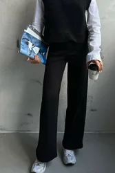 Womens High Waist Ribbed Sweatpant Trousers - Black - Size Large