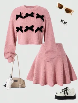 Conjunto de blusa de manga abullonada holgada rosa y falda para niña preadolescente, de moda para el regreso a la escuela en otoño/invierno - Shein - FashionsVida