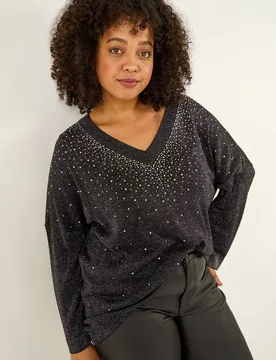 Women's Curve Hotfix Knit Top in Black Size: 18 - Black - Size: 18 - Roman - FashionsVida
