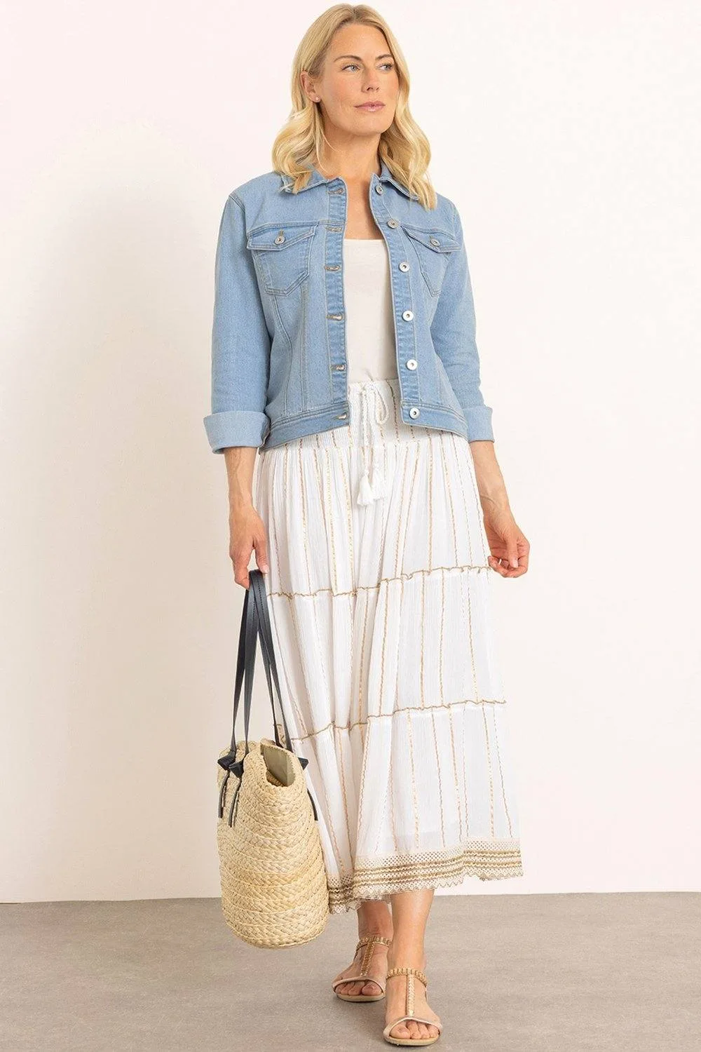 Women's Lurex Striped Pull On Boho Skirt in White Size: 18 - White - Size: 18 - Klass. - FashionsVida