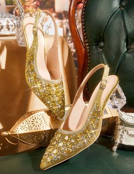 Zapatos de tacón con cristales y adornos de strass, con punta puntiaguda y diseño calado, color negro, apropiados para salir, banquetes, fiestas y o