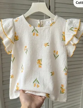 Blusa linda con cuello redondo, mangas con volantes y estampado floral para niña - Shein - FashionsVida