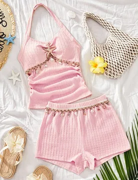 Conjunto informal de top halter y shorts de unicolor con decoración metálica para niña preadolescente - Shein - FashionsVida