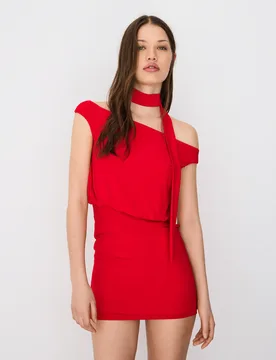 Robe Mini Bardot Foulard Xs Rouge - Bershka - FashionsVida