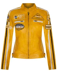 Women's Leather Biker Racing Badges Jacket-Agadir in Yellow Size: 18 - Yellow - Size: 18