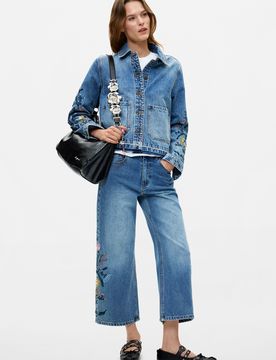 Pantalon en jean à fleurs, , Coton, Bleu, 34