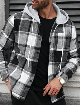 Chaqueta casual con capucha y cordón para hombre talla grande a cuadros, sin camiseta, regalo para novio, otoño - Shein - FashionsVida