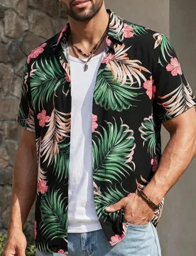 Camisa casual versátil de talla grande para hombre con estampado floral de hojas, de un solo pecho, para uso diario, vacaciones, regalo del Día del - Shein - FashionsVida