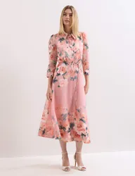 Floral Tie Waist Midi Shirt Dress Light Pink Mix female