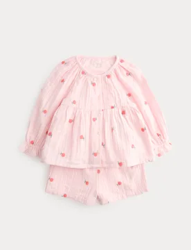 Piece Cotton Embroidered Blouse and Shorts (0-5 Yrs) Pink Female - M&S - FashionsVida