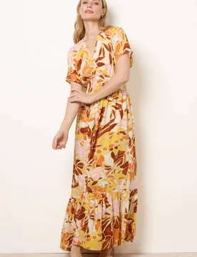 Multi Tropical V Front Shirred Waist Maxi Dress - Multicolor - Size: S/M - Blue Vanilla - FashionsVida