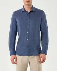 Camicia blu indaco in puro lino con collo alla francese