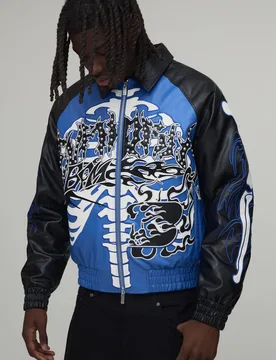 Men's Euphoric Graphic Skeleton PU Applique Varsity Jacket Cobalt Size X-Large Cobalt XL - boohooMAN - FashionsVida