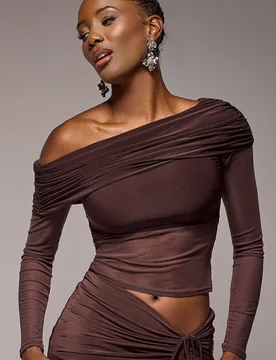 Women's Gathered Bardot Asymmetric Mesh Panel Top in Brown Size: 10 - Brown - Size: 10 - Goddiva - FashionsVida