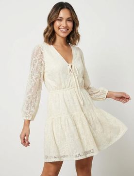 Abito mini babydoll con pizzo - panna