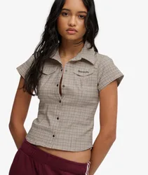 Superdry Damen Bench Kariertes Kurzarmhemd mit Schmaler Passform Beige - Größe: XL
