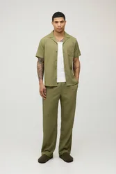 Herren Regular Fit Kurzarmhemd Mit Unregelmäßiger Falten-Textur Und Entspanntes Hosen-Set Olive Größe XL