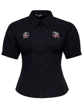 Rockabilly Bluse - Cherry“ Rockybilly blouse - S bis 3XL - für Damen - Größe XL - schwarz - Frauen - female - Queen Kerosin - FashionsVida