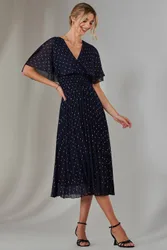 Women's Metallic Spot Chiffon Pleated Dress in Navy Size: 8 - Navy - Size: 8